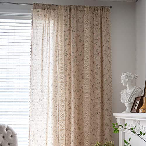 Sutuo Home Boho Curtain Semi-Blackout Crochet Hollow Lace Patchwork with Floral Print Cotton Linen Fabric, Handmade Tassels Rod Pocket Bohemian Window Drapes for Living Bedroom, 59"W x 84"L, 1 Panel - Image 2