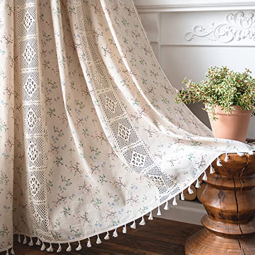 Sutuo Home Boho Curtain Semi-Blackout Crochet Hollow Lace Patchwork with Floral Print Cotton Linen Fabric, Handmade Tassels Rod Pocket Bohemian Window Drapes for Living Bedroom, 59"W x 84"L, 1 Panel - Image 1