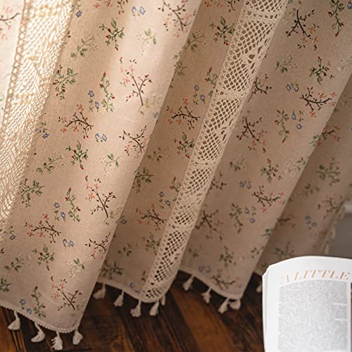 Sutuo Home Boho Curtain Semi-Blackout Crochet Hollow Lace Patchwork with Floral Print Cotton Linen Fabric, Handmade Tassels Rod Pocket Bohemian Window Drapes for Living Bedroom, 59"W x 84"L, 1 Panel - Image 4