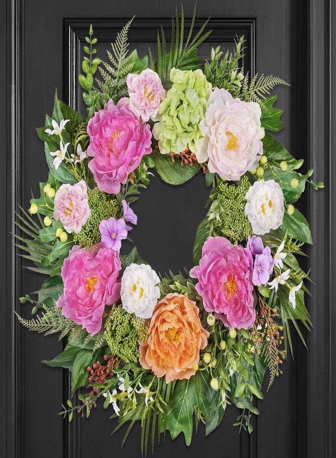 MDSTBN 24 Inch Spring Summer Wreaths for Front Door: Realistic Silk Peonies & Hydrangeas with Berry Greenery, Faux Flower Wreath for All Seasons Indoor Outdoor Decor for Porch Wall Wedding Farmhouse Home - Image 1