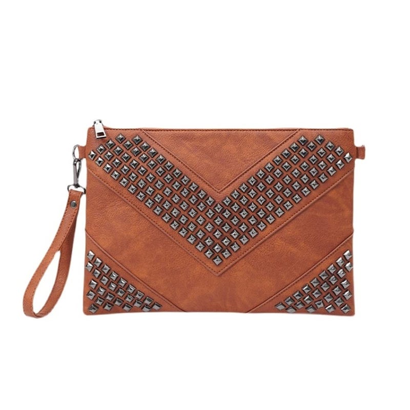 NIGEDU Oversized Clutch Bag Purse Women PU Leather Crossbody Shoulder Bags Studded Wristlet Handbag Rivet Envelope Clutches (Brown) - Image 1