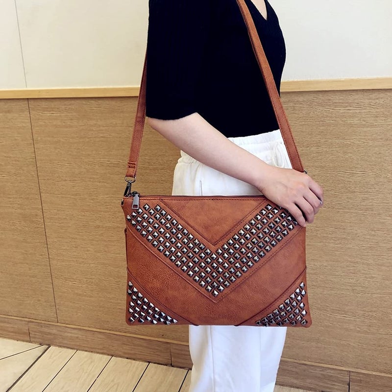 NIGEDU Oversized Clutch Bag Purse Women PU Leather Crossbody Shoulder Bags Studded Wristlet Handbag Rivet Envelope Clutches (Brown) - Image 3