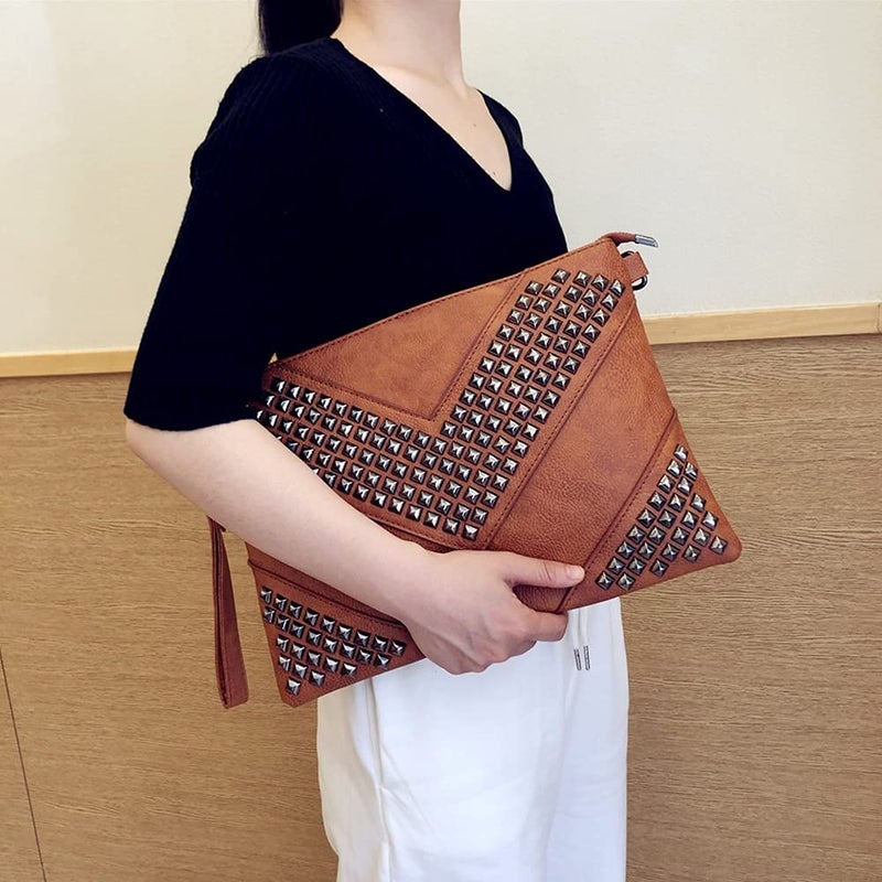 NIGEDU Oversized Clutch Bag Purse Women PU Leather Crossbody Shoulder Bags Studded Wristlet Handbag Rivet Envelope Clutches (Brown) - Image 2