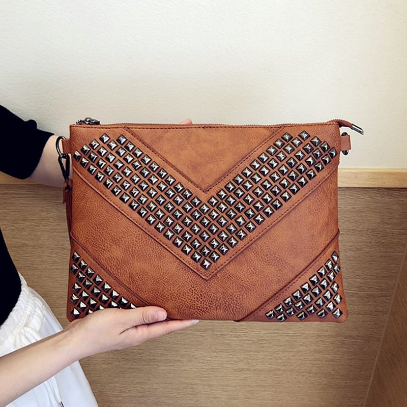 NIGEDU Oversized Clutch Bag Purse Women PU Leather Crossbody Shoulder Bags Studded Wristlet Handbag Rivet Envelope Clutches (Brown) - Image 4
