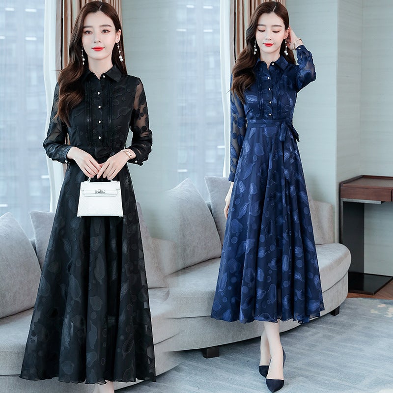 Real shot elegant cross-border foreign trade 2024 autumn slim long sleeve jacquard chiffon dress temperament long skirt women Pink - Image 1