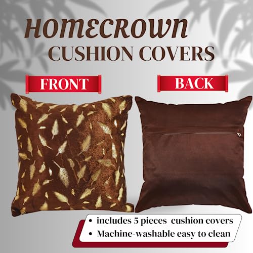 HOMECROWN 16x16 Inch Velvet Cushion Covers Set of 5 Pcs, Soft Decorative Faux Fur Throw Pillow Covers with Golden Feather Print for Sofa, Couch, Bed, Living Room - Brown-250 TC - Image 3