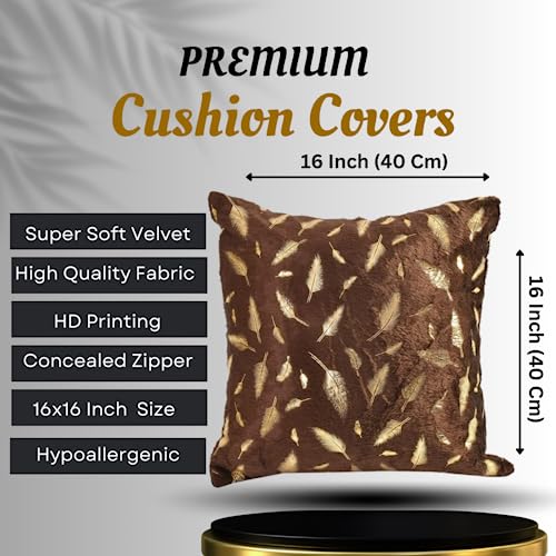 HOMECROWN 16x16 Inch Velvet Cushion Covers Set of 5 Pcs, Soft Decorative Faux Fur Throw Pillow Covers with Golden Feather Print for Sofa, Couch, Bed, Living Room - Brown-250 TC - Image 4