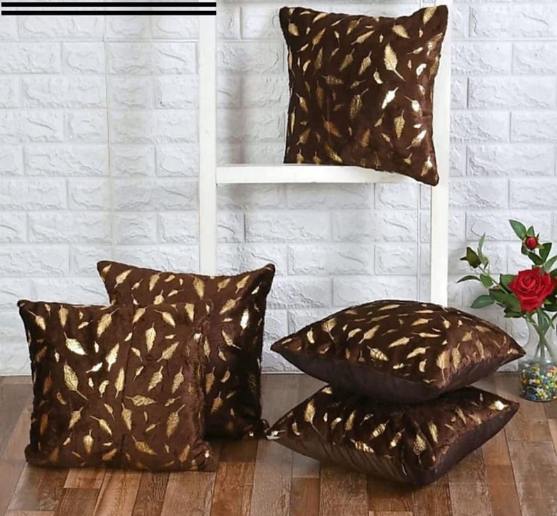 HOMECROWN 16x16 Inch Velvet Cushion Covers Set of 5 Pcs, Soft Decorative Faux Fur Throw Pillow Covers with Golden Feather Print for Sofa, Couch, Bed, Living Room - Brown-250 TC - Image 5