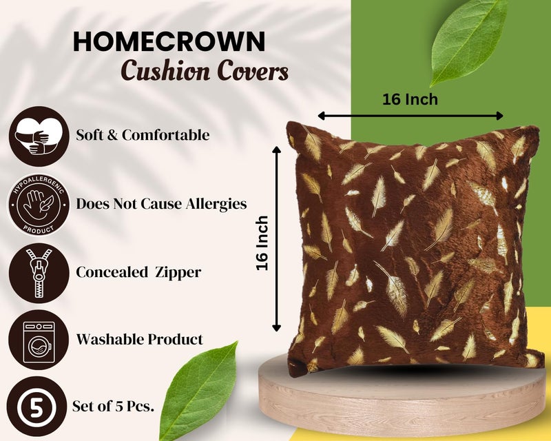 HOMECROWN 16x16 Inch Velvet Cushion Covers Set of 5 Pcs, Soft Decorative Faux Fur Throw Pillow Covers with Golden Feather Print for Sofa, Couch, Bed, Living Room - Brown-250 TC - Image 2