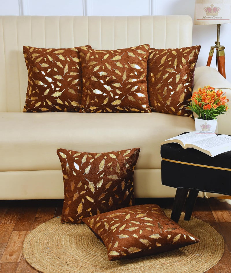 HOMECROWN 16x16 Inch Velvet Cushion Covers Set of 5 Pcs, Soft Decorative Faux Fur Throw Pillow Covers with Golden Feather Print for Sofa, Couch, Bed, Living Room - Brown-250 TC - Image 1