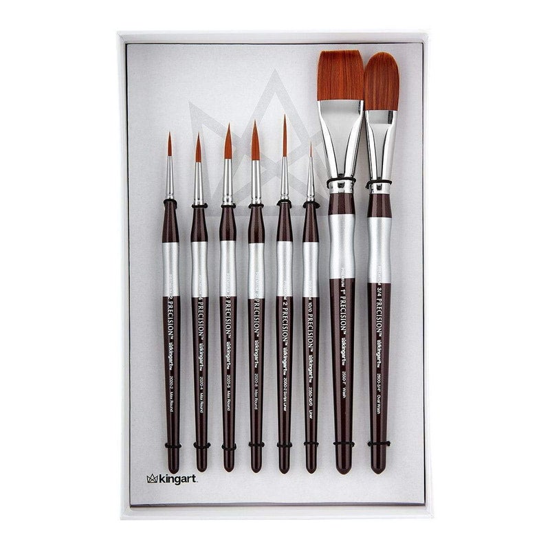 KINGART 1070C Premium 8 Pc. Precision Acrylic Artist Paint Brushes, Short Comfort Handle, Synthetic Taklon Hair for Acrylic, Oil, Watercolor and Gouache Paints, Gift Boxed, Set of 8 - Image 1