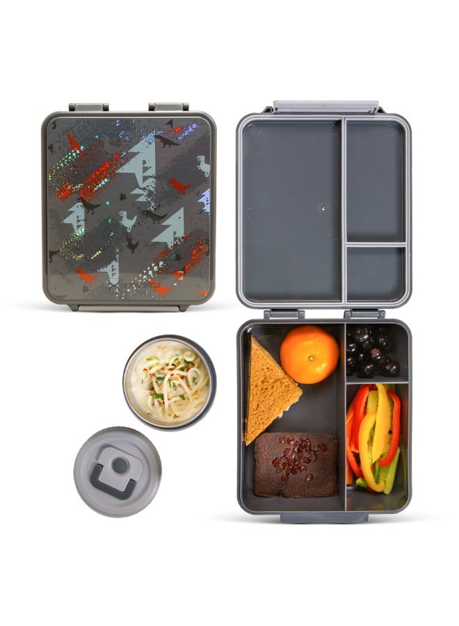 Hydrobrew Bento Lunch Box 1.74L w/ Steel Food Jar & Sip Switch Water Bottle 1000ml | Leakproof Meal Box – Dinosaurs Grey - Image 5