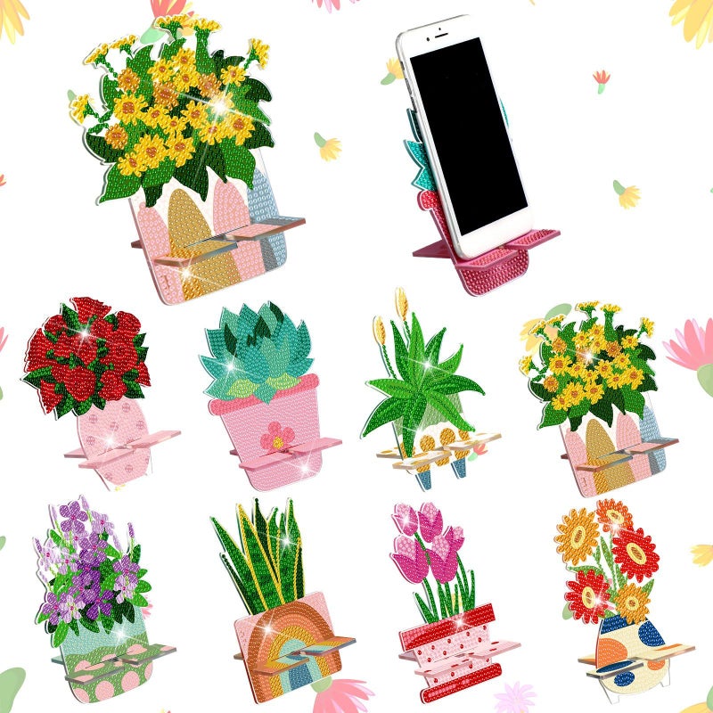 Kenning 8 Pcs Spring Flower Diamond Painting Cell Phone Stand DIY 5D Full Crystal Acrylic Floral Potted Green Plant Diamond Art Phone Holders Kits for Beginner Adult DIY Craft Spring Gifts - Image 1