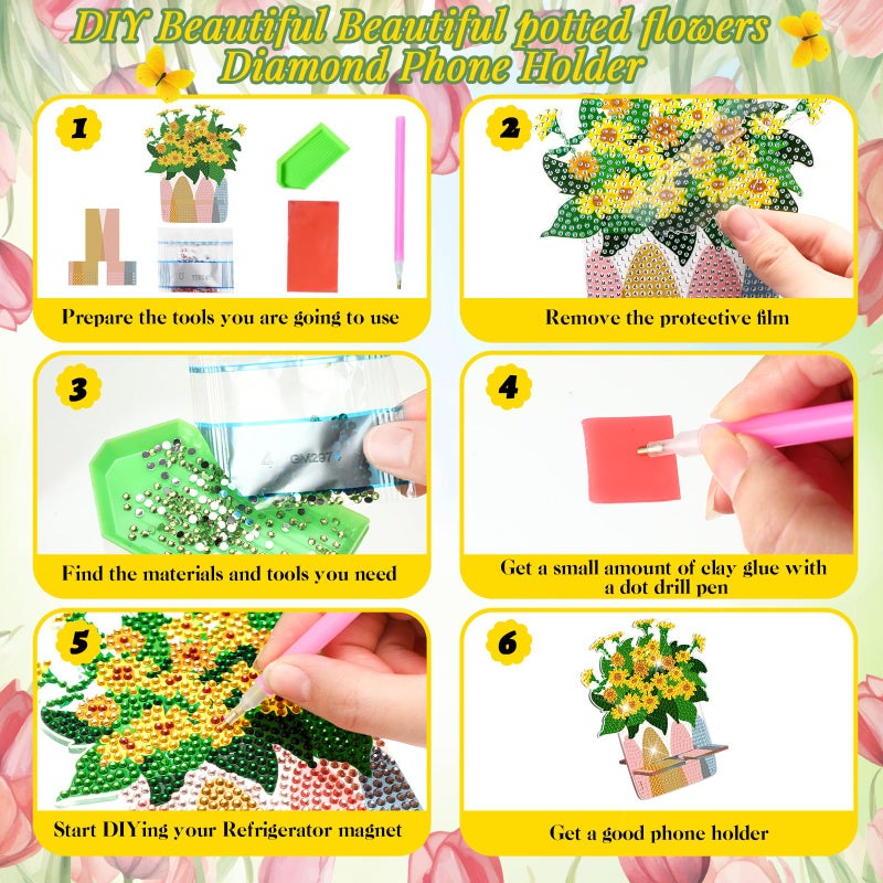 Kenning 8 Pcs Spring Flower Diamond Painting Cell Phone Stand DIY 5D Full Crystal Acrylic Floral Potted Green Plant Diamond Art Phone Holders Kits for Beginner Adult DIY Craft Spring Gifts - Image 4