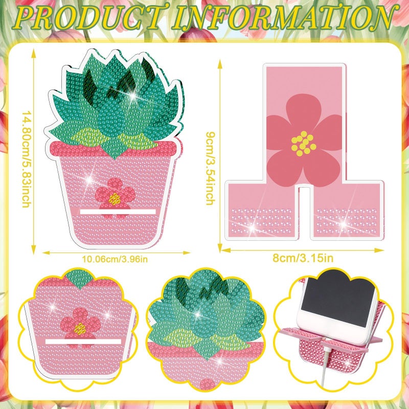 Kenning 8 Pcs Spring Flower Diamond Painting Cell Phone Stand DIY 5D Full Crystal Acrylic Floral Potted Green Plant Diamond Art Phone Holders Kits for Beginner Adult DIY Craft Spring Gifts - Image 3