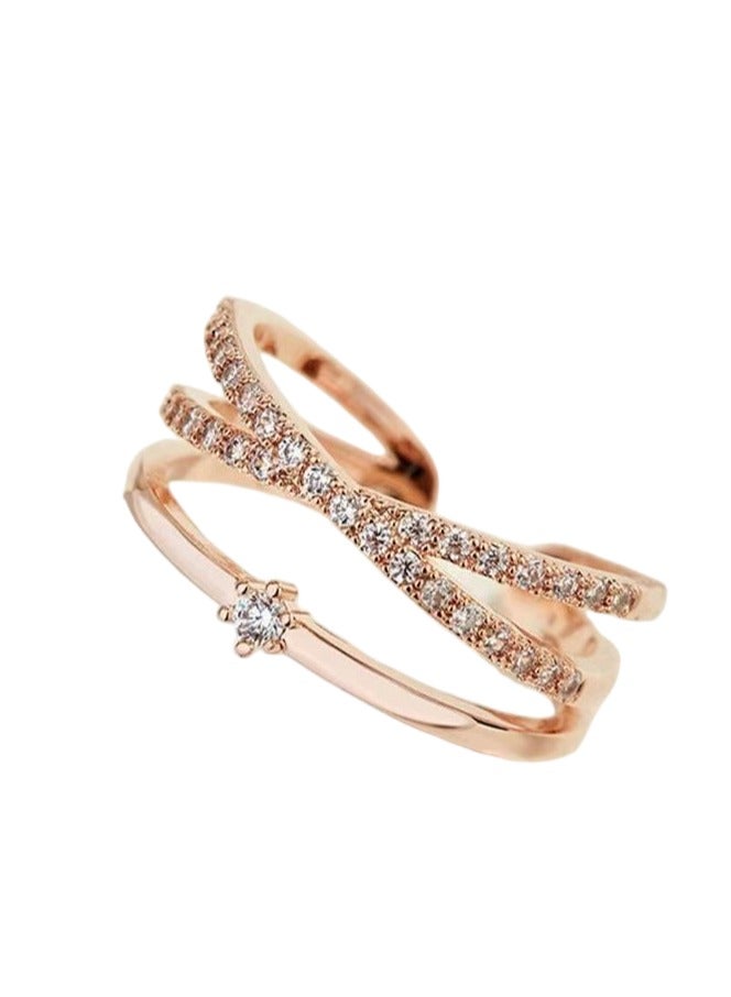 Cross Ring Fashion Jewelry 18k Rose Gold Shiny CZ Crystal Diamond Crossover Double Layer Open Adjustable Ring for Women - Image 1