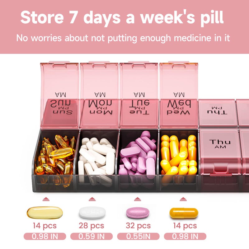 COLORWING AM PM Extra Large Pill Organizer, XL 7 Day Pill Organizer 2 Times a Day, Weekly Daily Pill Case, Day Night Oversized Medicine Box, Vitamin Holder, Big Pill Container (Pink) - Image 3