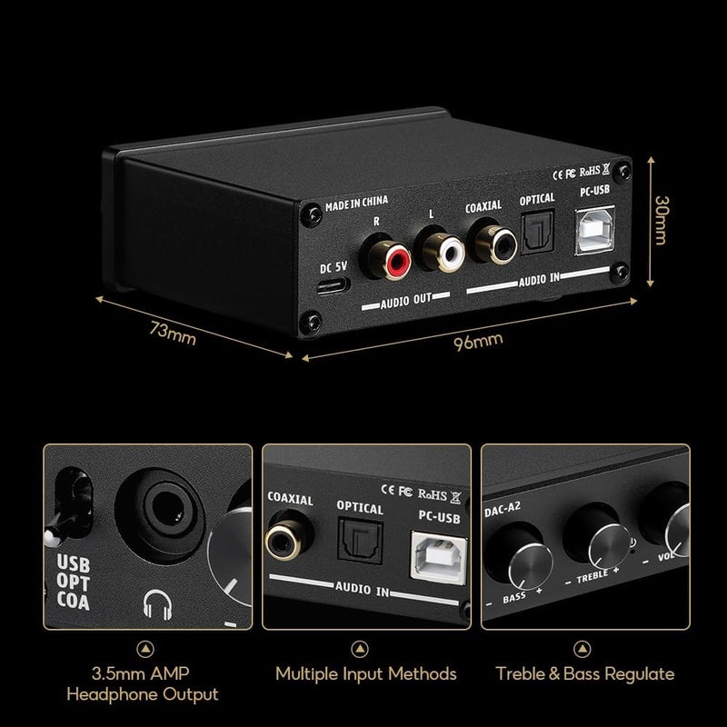 AIYIMA مضخم صوت سماعات DAC-A2 مع تحكم في الجهير والتريبل مدخلات PC-USB/بصري/محوري، مخرج سماعات RCA/3.5 مم محول صوت رقمي إلى تناظري سطح المكتب DC 5V 24Bit 192kHz - Image 2