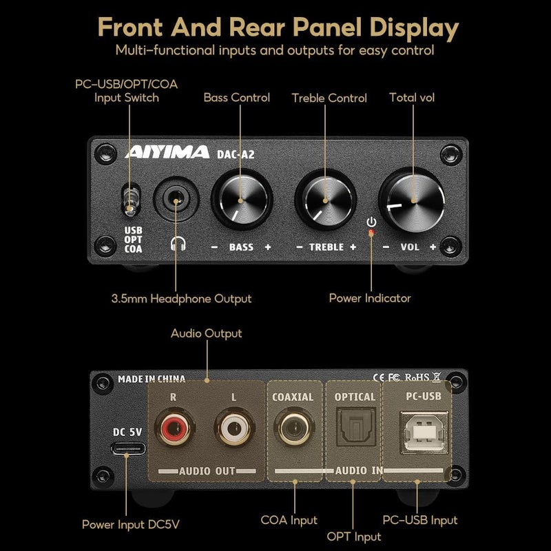 AIYIMA مضخم صوت سماعات DAC-A2 مع تحكم في الجهير والتريبل مدخلات PC-USB/بصري/محوري، مخرج سماعات RCA/3.5 مم محول صوت رقمي إلى تناظري سطح المكتب DC 5V 24Bit 192kHz - Image 3