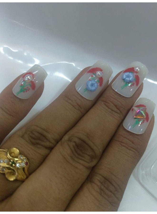 Pmw - White Color 3D Artificial Nails With Red Flower Design - Pack Of 12 - False Nails With With Glue Sticker Sheets - Image 2