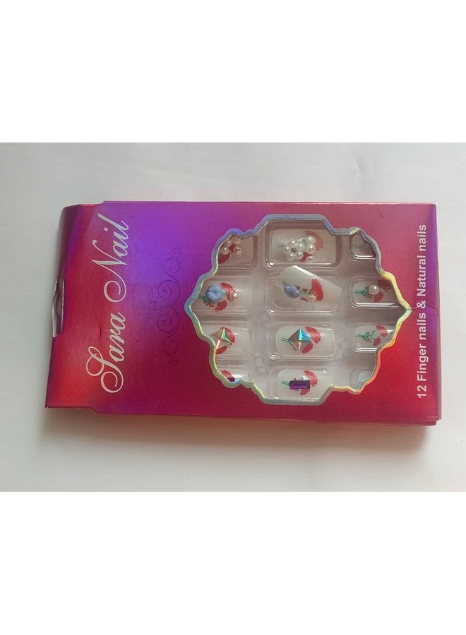 Pmw - White Color 3D Artificial Nails With Red Flower Design - Pack Of 12 - False Nails With With Glue Sticker Sheets - Image 3