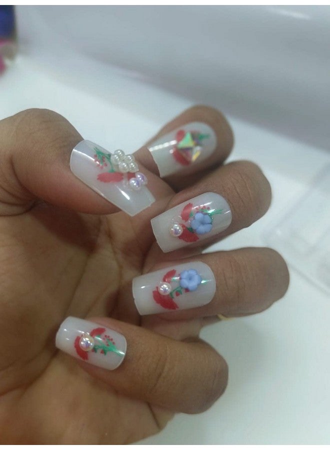 Pmw - White Color 3D Artificial Nails With Red Flower Design - Pack Of 12 - False Nails With With Glue Sticker Sheets - Image 1