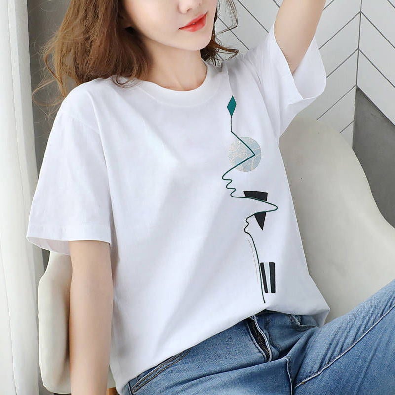 2024 Spring and Summer Fashionable New Short-sleeved Womens T-shirt Female Students Korean Style Fashionable Loose Large Size Ins Top Base Shirt 6034 White  - Image 2