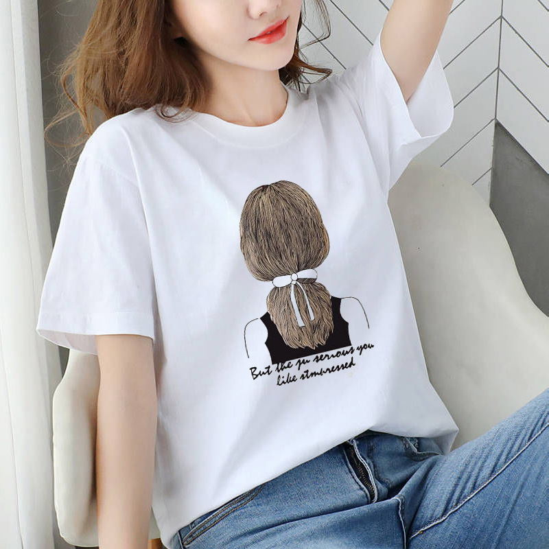 2024 Spring and Summer Fashionable New Short-sleeved Womens T-shirt Female Students Korean Style Fashionable Loose Large Size Ins Top Base Shirt 6034 White  - Image 1