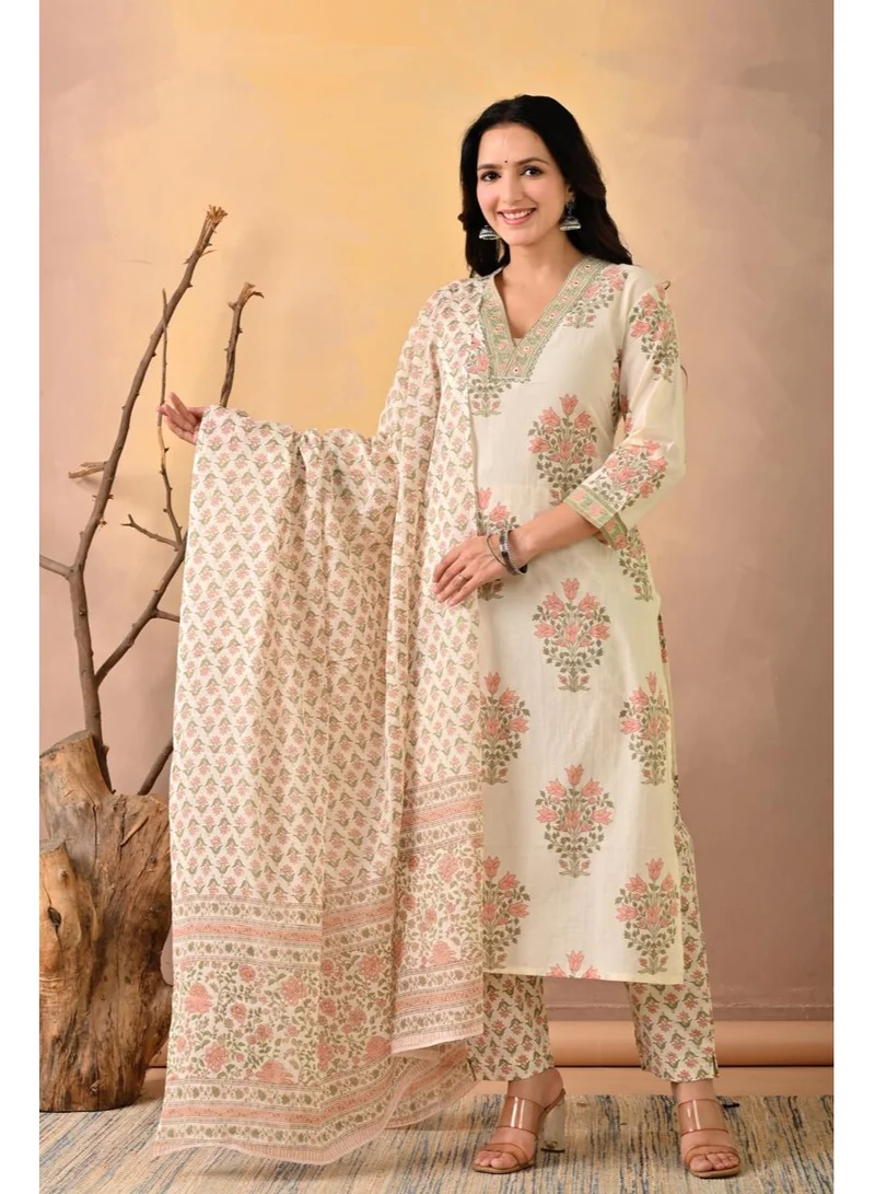 Studio blue Ivory Floral Handblock Kurta Set with Dupatta