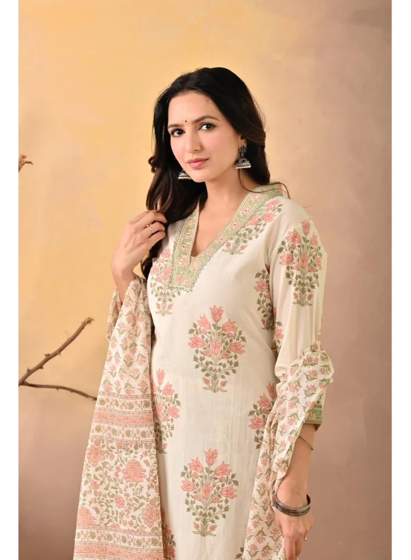 Studio blue Ivory Floral Handblock Kurta Set with Dupatta
