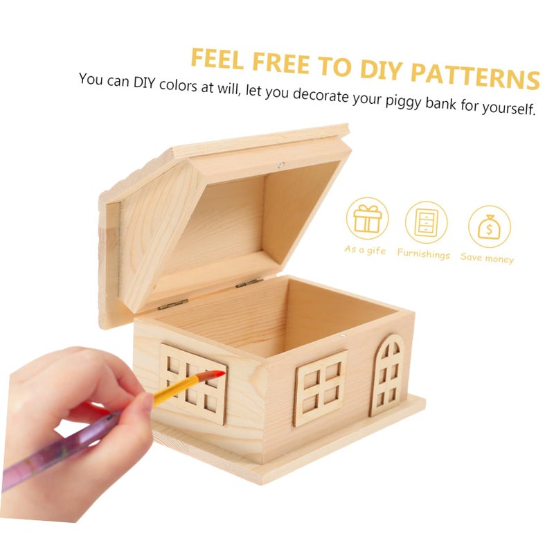 Vintage Wooden House Piggy Bank With Lock DIY Paintable Coin Box For Saving Home Decor - Image 5