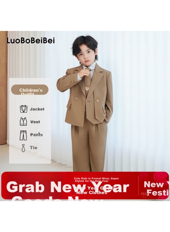 Luobobeibei Kids Casual Blazer British Style Fashion Suit Flower Boy New Year Outfit Birthday Dress Khaki Four-piece Set Size 130 - Image 1