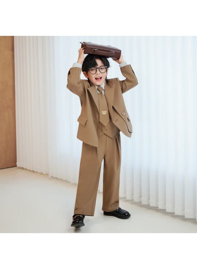 Luobobeibei Kids Casual Blazer British Style Fashion Suit Flower Boy New Year Outfit Birthday Dress Khaki Four-piece Set Size 130 - Image 2