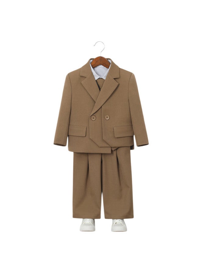 Luobobeibei Kids Casual Blazer British Style Fashion Suit Flower Boy New Year Outfit Birthday Dress Khaki Four-piece Set Size 130 - Image 5