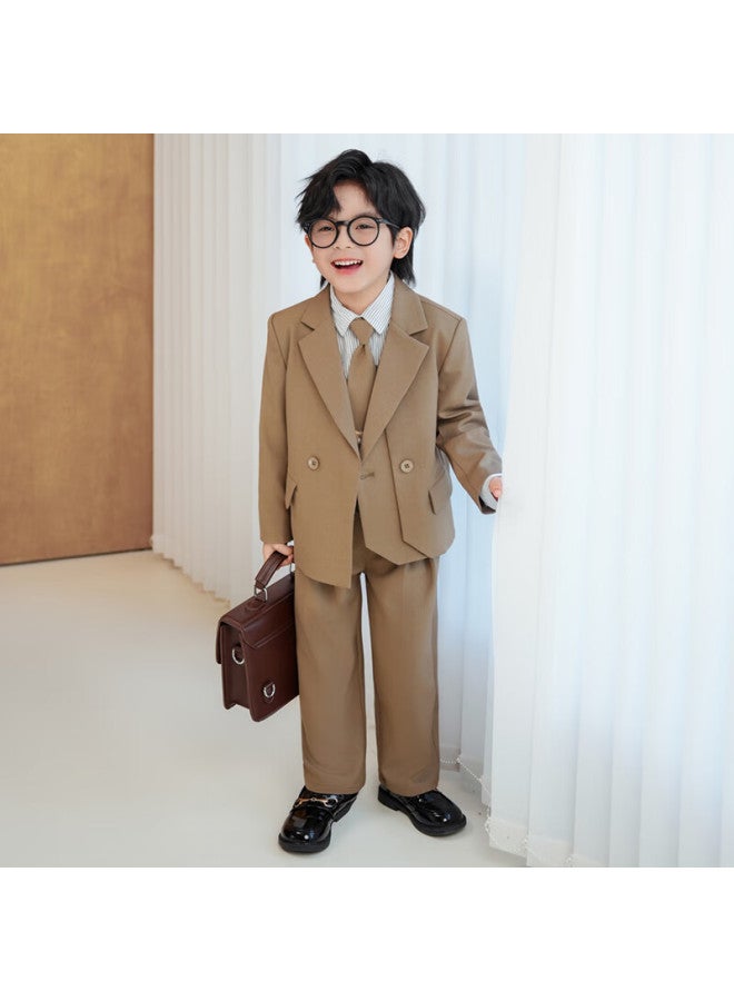 Luobobeibei Kids Casual Blazer British Style Fashion Suit Flower Boy New Year Outfit Birthday Dress Khaki Four-piece Set Size 130 - Image 3