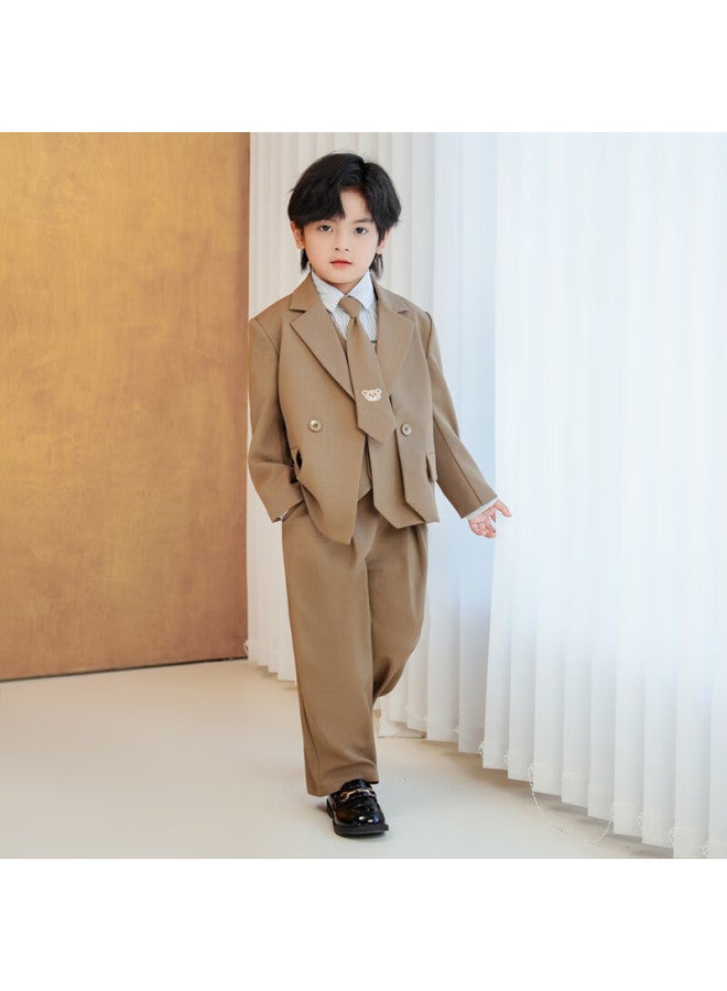 Luobobeibei Kids Casual Blazer British Style Fashion Suit Flower Boy New Year Outfit Birthday Dress Khaki Four-piece Set Size 130 - Image 4