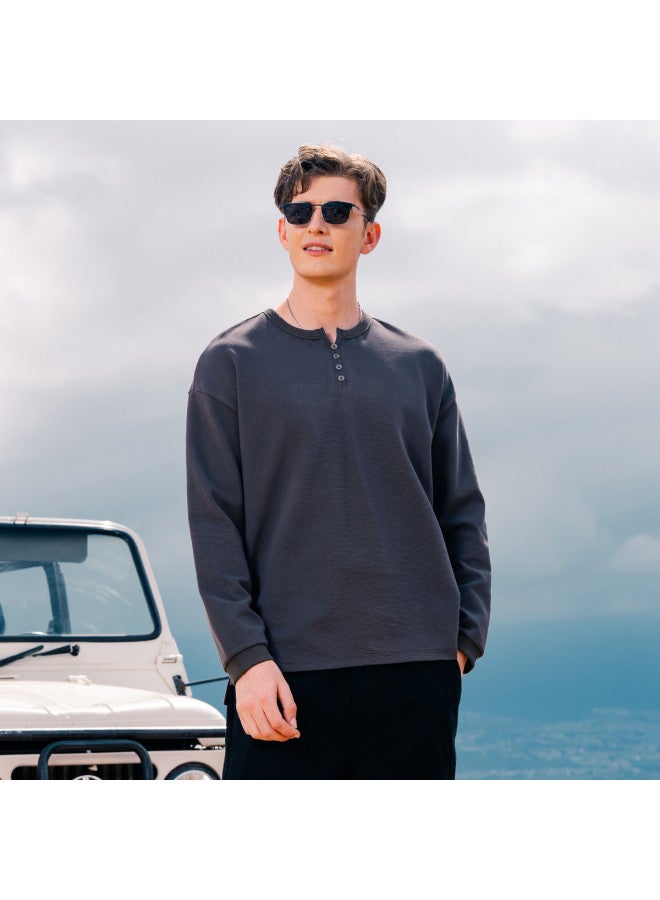 G Heavyweight Henley Neck Long Sleeve T-shirt For Men, Relaxed Drop Shoulder Casual Tee For Youth, Spring/autumn Basic Men's T-shirt - Image 5