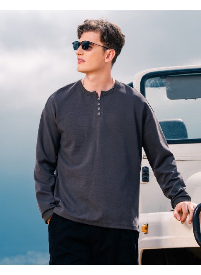 G Heavyweight Henley Neck Long Sleeve T-shirt For Men, Relaxed Drop Shoulder Casual Tee For Youth, Spring/autumn Basic Men's T-shirt - Image 1