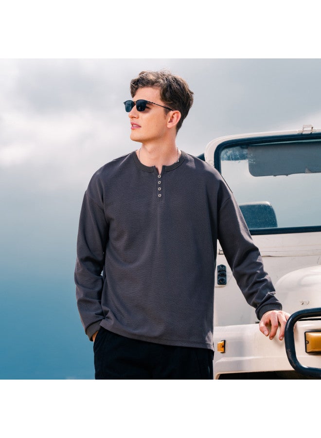 G Heavyweight Henley Neck Long Sleeve T-shirt For Men, Relaxed Drop Shoulder Casual Tee For Youth, Spring/autumn Basic Men's T-shirt - Image 2