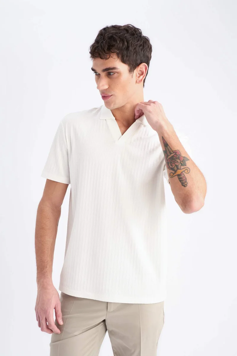 ديفاكتو Regular Fit Crinkle Short Sleeve Polo T-Shirt