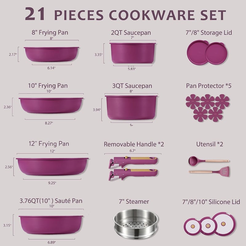Carote 21-Piece Ceramic Cookware Set with Detachable Handle, Stackable Pots & Pans with Lids, PFAS-Free Nonstick Healthy Cooking Set, All Kitchen Stovetop Compatible, Dishwasher Safe (Purple) - Image 2