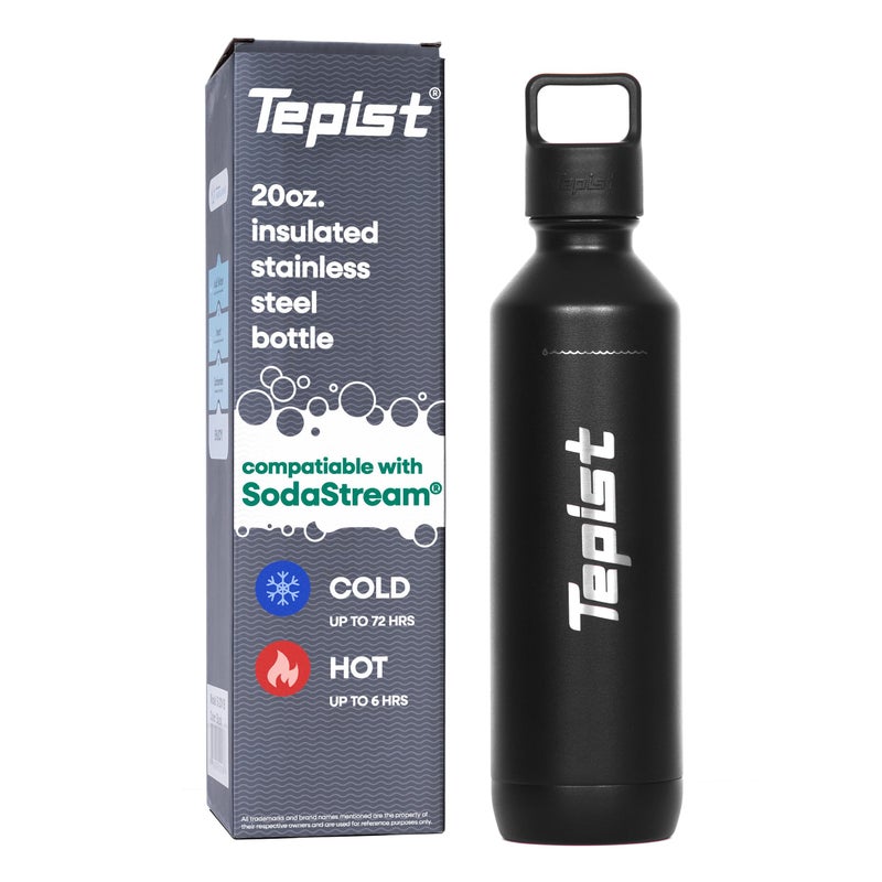 Tepist Tepist TwentyO 20oz Stainless Steel Bottle Compatible with Sodastream Machines  Powder Coated Black  Vacuum Sealed  Double Walled  LeakProof  Easy to Carry  Reusable Bottle 
