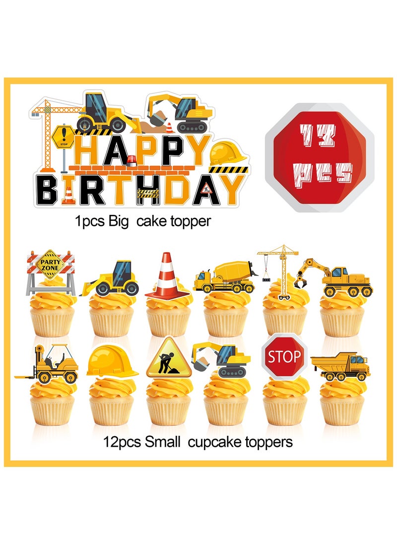 FRUITFUL PARTY - Construction Cake Topper, 13 Pcs Construction Cake Decorations Set-Construction Birthday Cake Topper  Construction Cupcake Toppers/Excavator Cupcake Toppers for Construction Birthday Party Supplies - Image 1