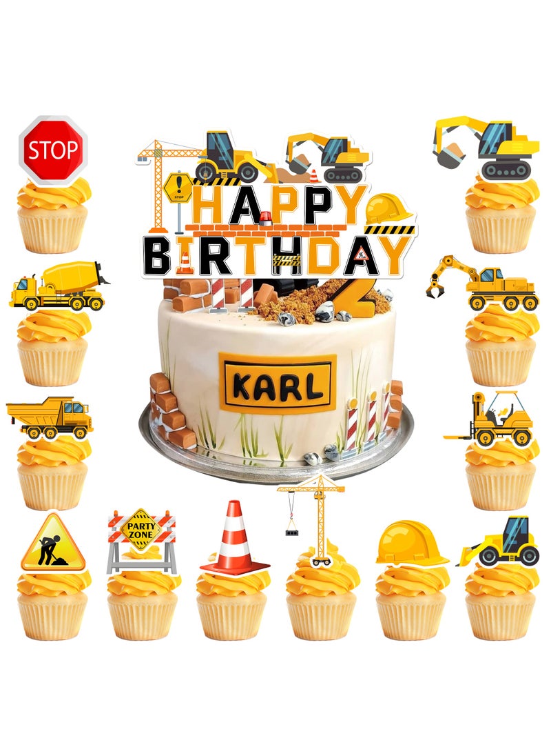FRUITFUL PARTY - Construction Cake Topper, 13 Pcs Construction Cake Decorations Set-Construction Birthday Cake Topper  Construction Cupcake Toppers/Excavator Cupcake Toppers for Construction Birthday Party Supplies - Image 1