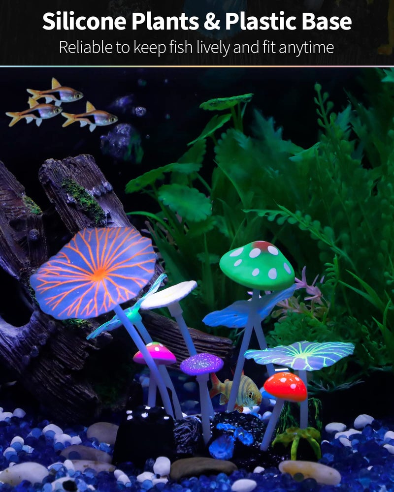 Uniclife Aquarium Coral Plant Ornament with Glowing Effect Imitative Mushroom Lotus Leaf Decoration Addition Colorful Lifelike Silicone Decor for Fish Tank Landscape - Image 2