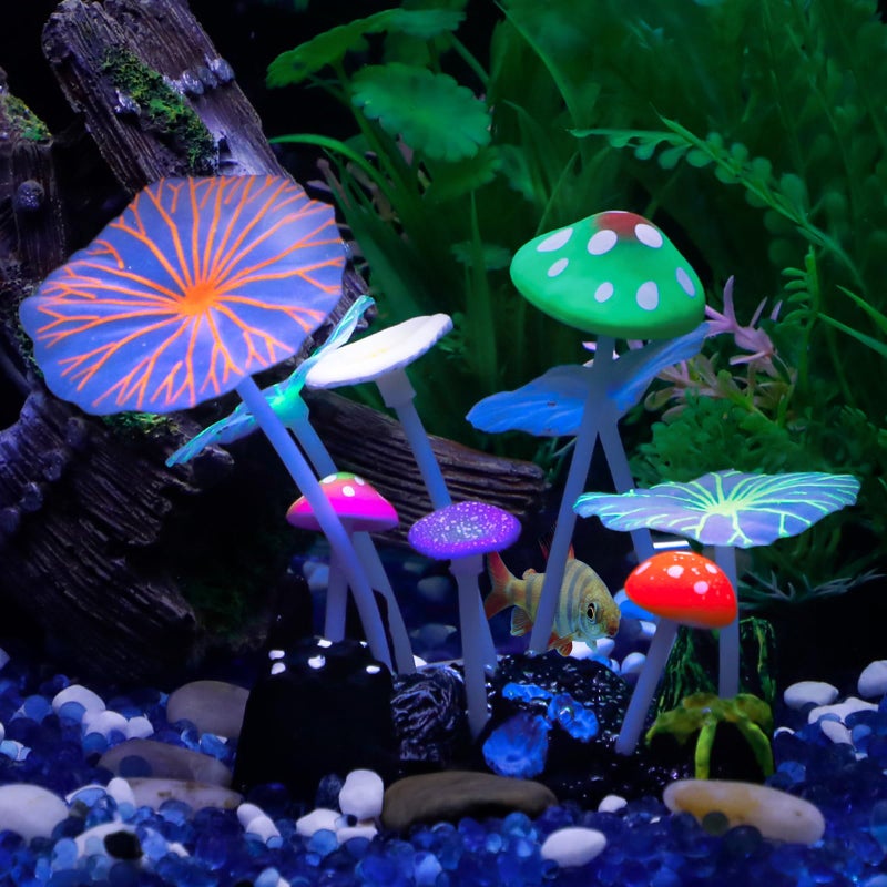 Uniclife Aquarium Coral Plant Ornament with Glowing Effect Imitative Mushroom Lotus Leaf Decoration Addition Colorful Lifelike Silicone Decor for Fish Tank Landscape - Image 1