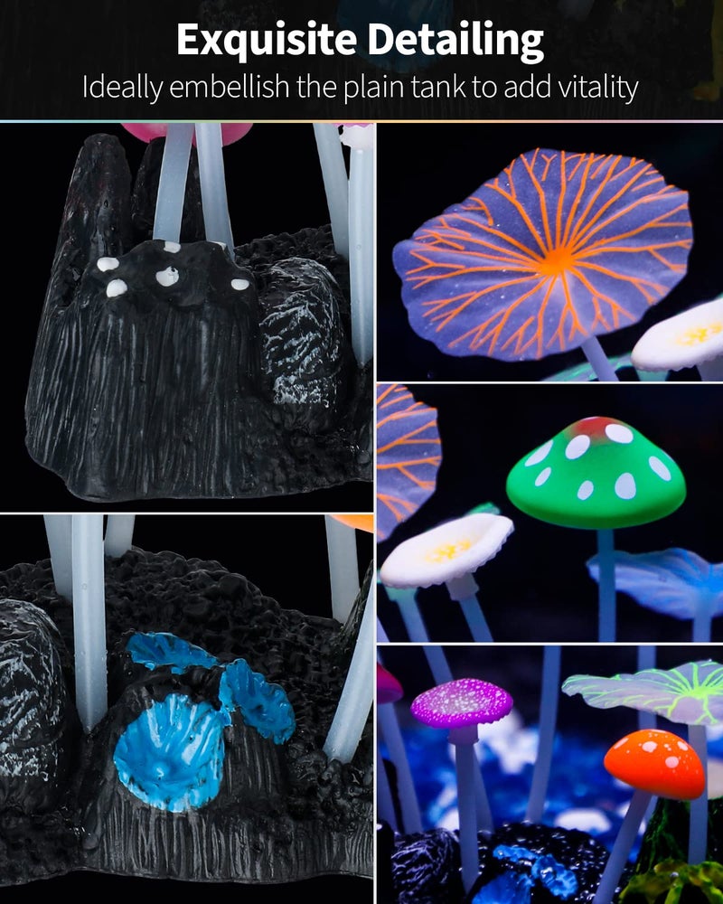 Uniclife Aquarium Coral Plant Ornament with Glowing Effect Imitative Mushroom Lotus Leaf Decoration Addition Colorful Lifelike Silicone Decor for Fish Tank Landscape - Image 5