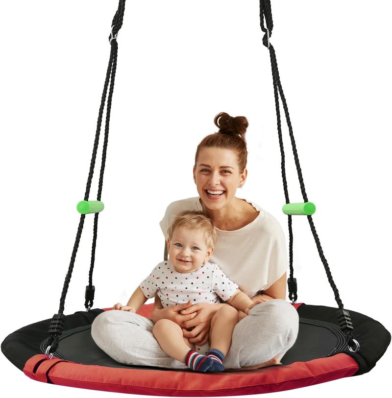 YSEJOMP Black Round Saucer Swing with Handles -Made of Sturdy Frame,PP Mat,Adjustable Multi-Strand Ropes,Safe and Durable for Yard Garden Playground Park (Black and Red, 40 inches) - Image 1