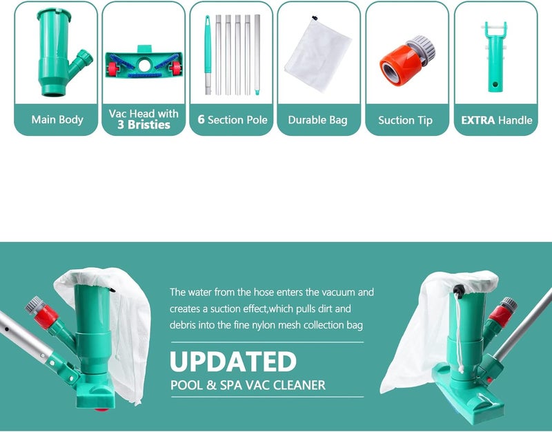 POOLWHALE Upgrades Pool Spa Pond Mini Jet Vac Vacuum Cleaner w/Brush, Bag,6 Sections Telescopic Pole of 56.5" and Handle - Image 2