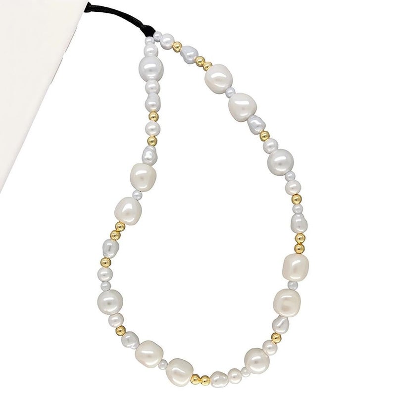 WCCH Beaded Phone Charm Y2K Kawaii Handmade Acrylic Phone Lanyard Wrist Strap for Camera Bag Airpods Keychain Charm Gold and White Pearls - Image 1